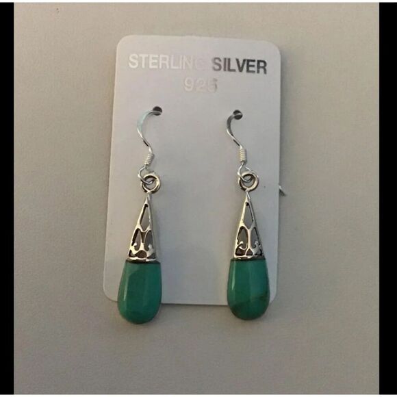 Gorgeous Sleeping Turquoise Inlay Dangle Earrings~.925 Sterling Silver - Picture 1 of 1